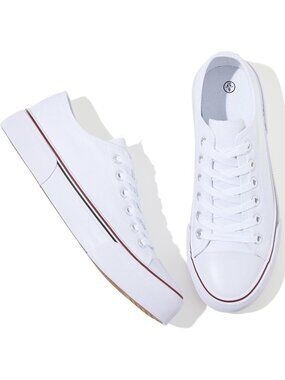 Women's White Comfortable Canvas Lace Up Low Top Walking Casual Sneaker Shoes